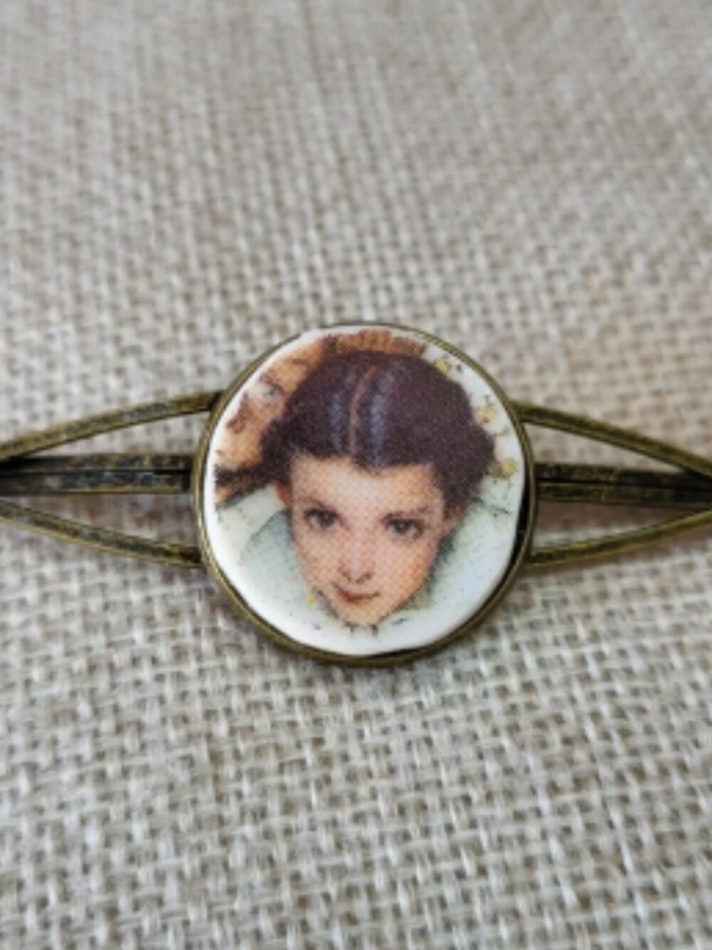 Victorian Girl shard hair slide cut from vintage Norman Rockwell 1973 plate